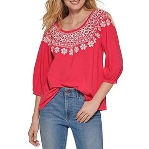 Tommy Hilfiger Off The Shoulder Embroidered Casual Knit 3/4 sleeve top